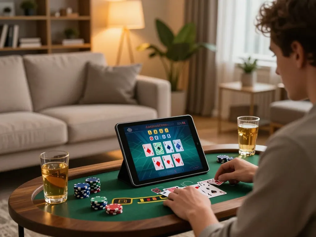 Player enjoying blackjack at trang chủ jun88 in a cozy home setup with ambient lighting.