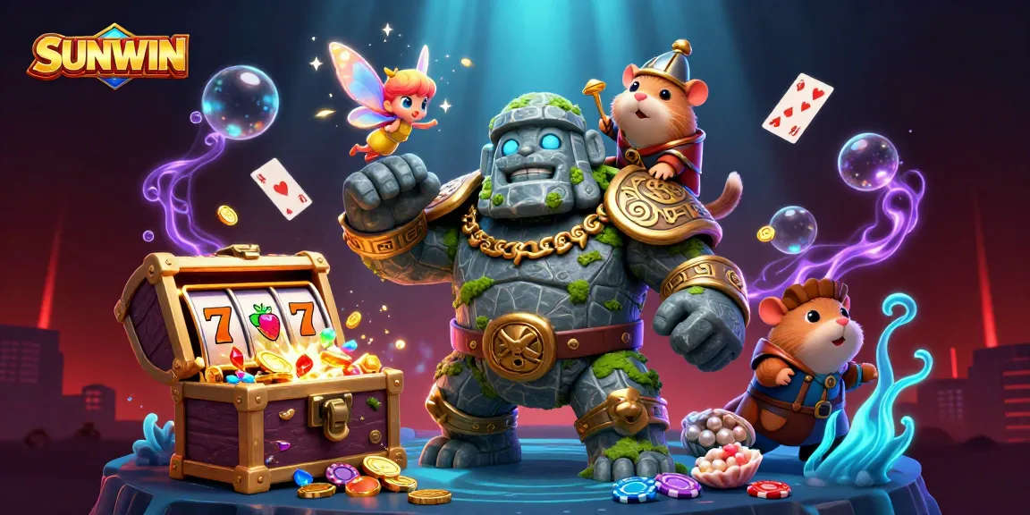 SUNWIN offers exhilarating gaming experiences, showcasing a magical scene with a golem guardian and vibrant casino elements.