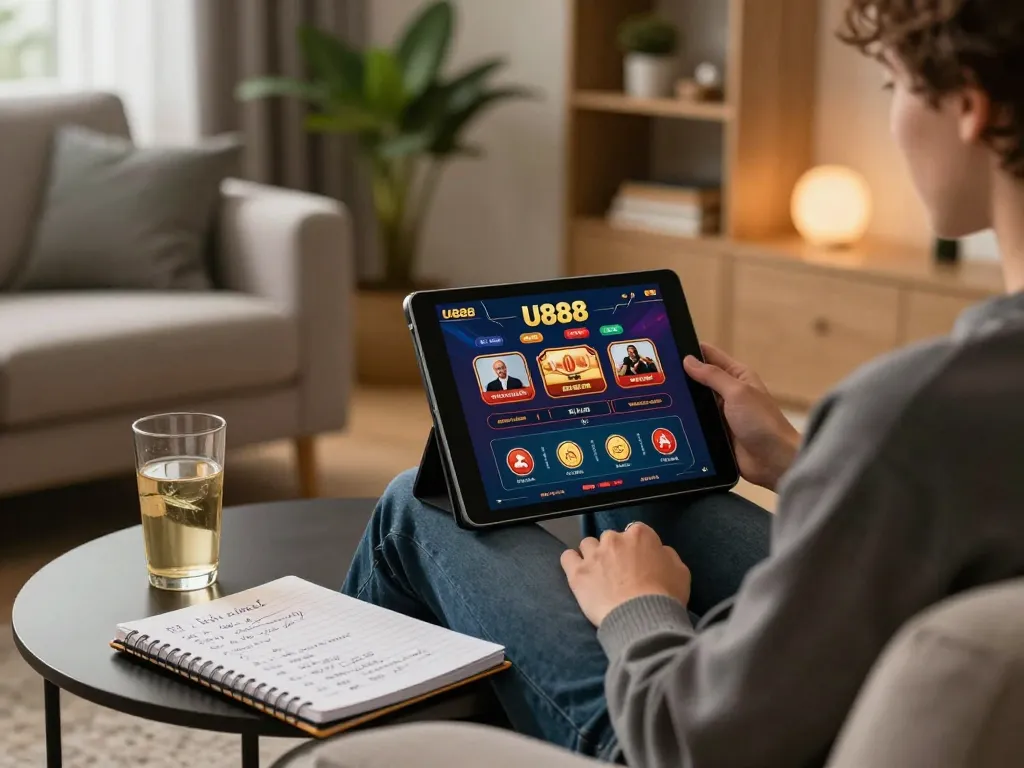 Engaging with U888's online casino app from the comfort of home, showcasing a cozy gaming setup.