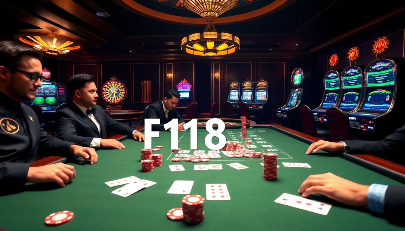 Experience the thrill of f168.ing at a luxurious casino with vibrant poker tables and roulette wheels.