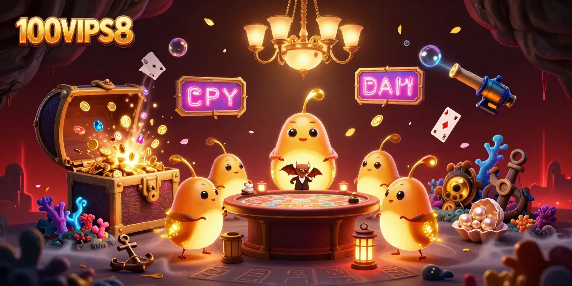 Experience winning thrills at 100VIPS8 with vibrant glowworms lighting up an underwater casino scene.