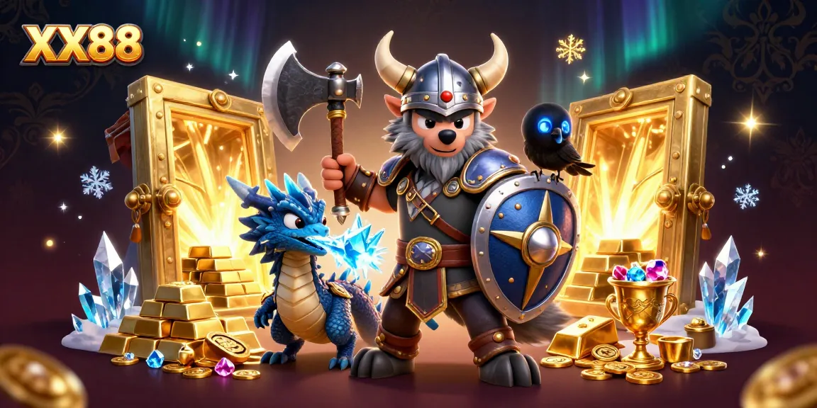 Experience thrilling gameplay with the XX88 Viking wolf warrior and fierce dragon in a vibrant casino scene.