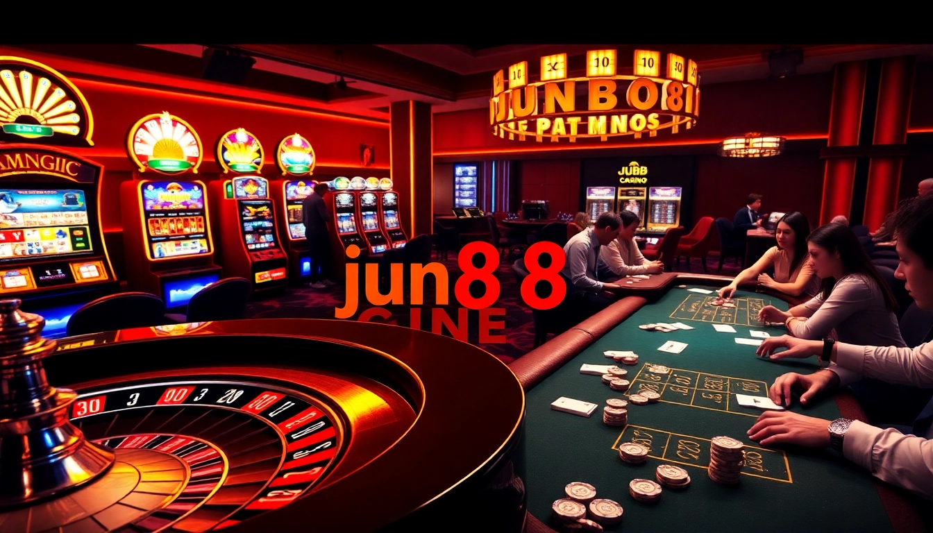 Players enjoying high-stakes games at Jun88 casino tables with vibrant slot machines.