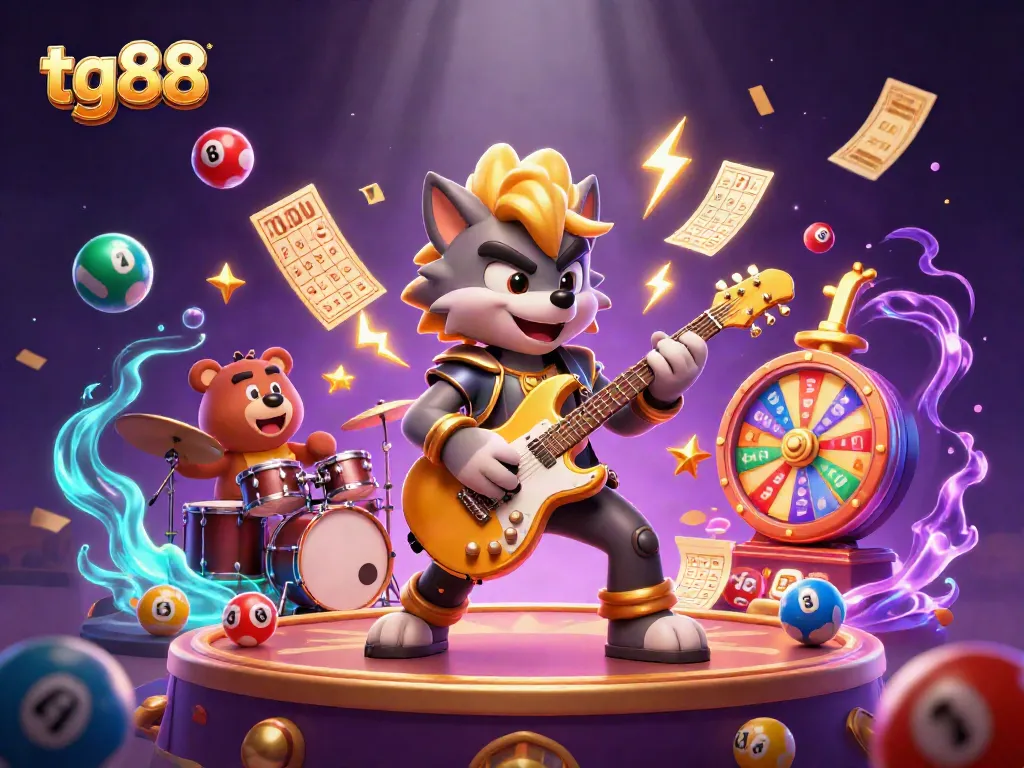 Experience tg88's thrilling atmosphere with cartoon characters rocking out on a vibrant casino stage.