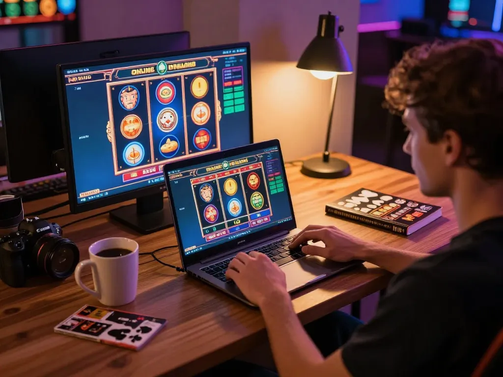 Engaged player at 88clbgo using laptop for online casino slots with vibrant graphics.