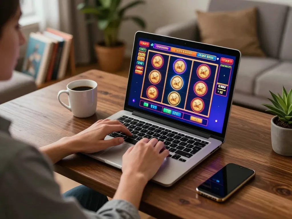 Player enjoying online slots at home, experiencing okfun gaming excitement.