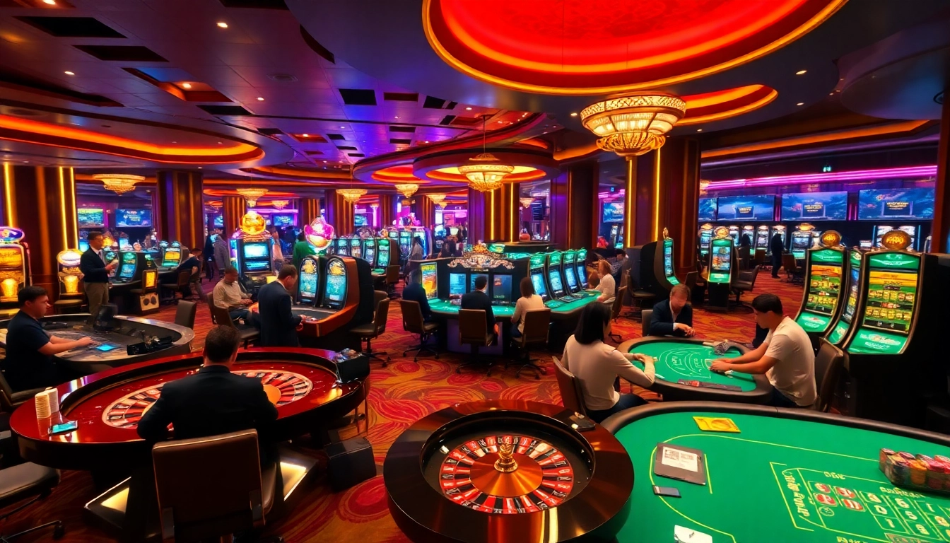 Players enjoy thrill and excitement at KP88's luxury casino, engaging at roulette and poker tables.