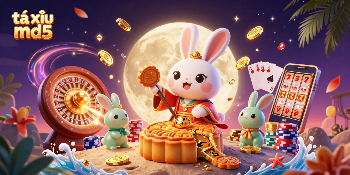 Engage in exciting gameplay with tài xỉu md5 while a moon rabbit reveals poker chips from golden mooncakes amidst a lively gambling scene.
