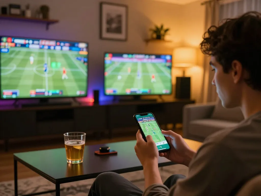 Engaged bettor using ZBET app on smartphone while watching live sports, creating an active gaming atmosphere