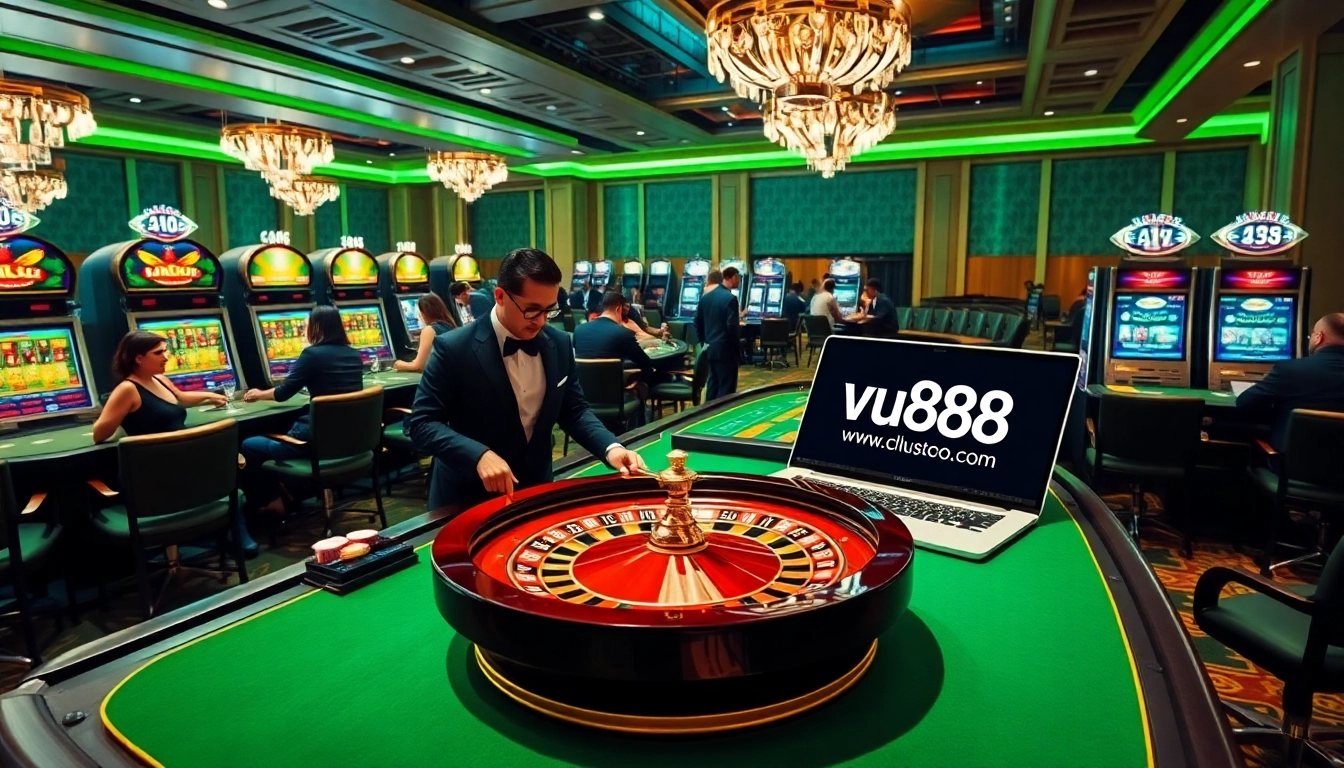 Experience the excitement of gambling with vu88.com at a luxurious casino featuring vibrant games like roulette and poker.