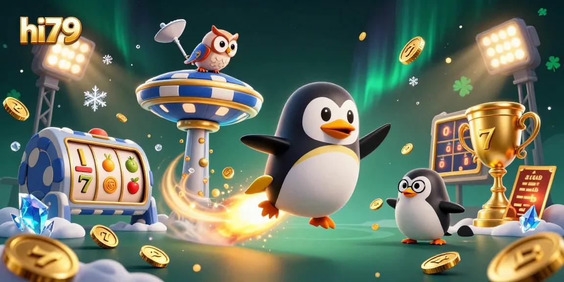 Win big with hi79 at the casino, featuring a golden penguin and vibrant gaming elements.