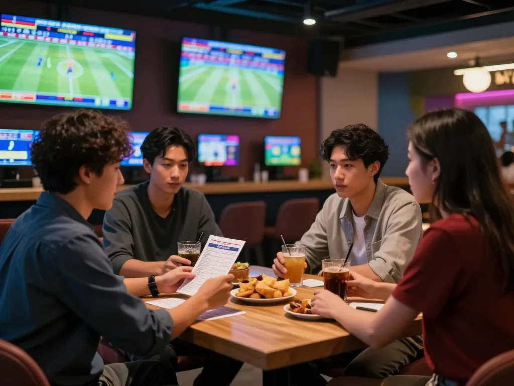 Players placing bets on sports events at 92slot in a lively lounge atmosphere.