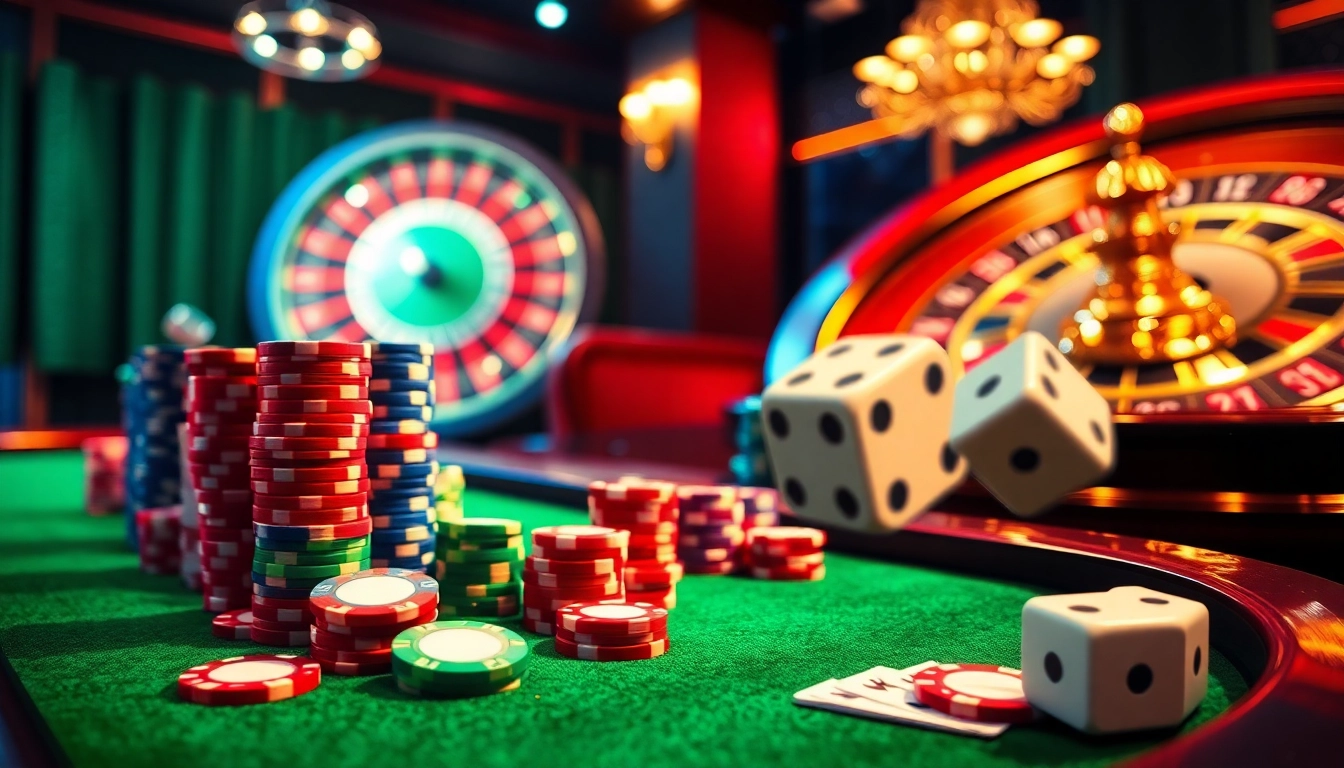 Win big at KJC365.com with an engaging casino scene showcasing poker tables, roulette wheels, and vibrant gaming action.