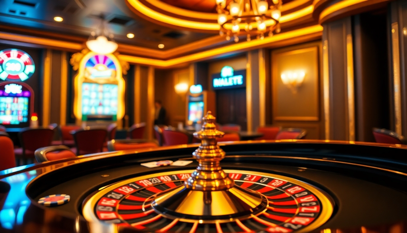 Experience the excitement of 8kbet1 with a luxurious roulette table and vibrant casino atmosphere.