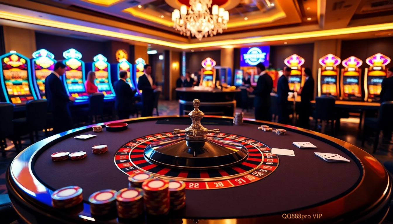 Experience thrilling gameplay with QQ88pro Vip at a vibrant casino scene featuring roulette and poker.