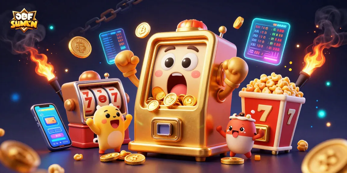 SUNWIN's lively scene with a golden slot machine celebrating its jackpot as coins fly, surrounded by cheering baby slots.