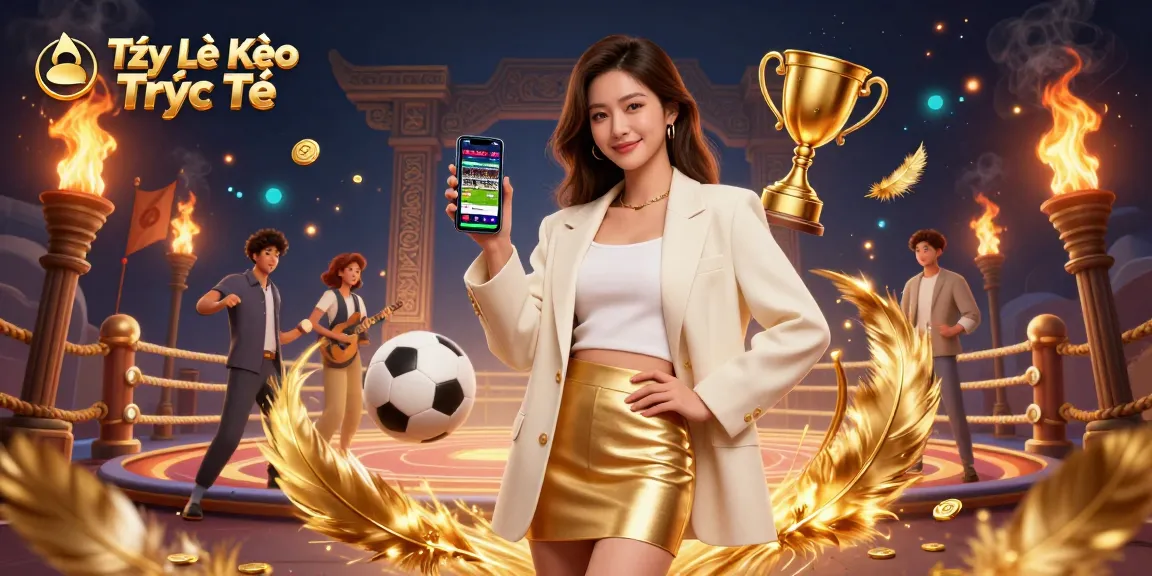 Bet on Tỷ Lệ Kèo Trực Tiếp with vibrant sports betting scene featuring an Asian woman and dynamic elements.