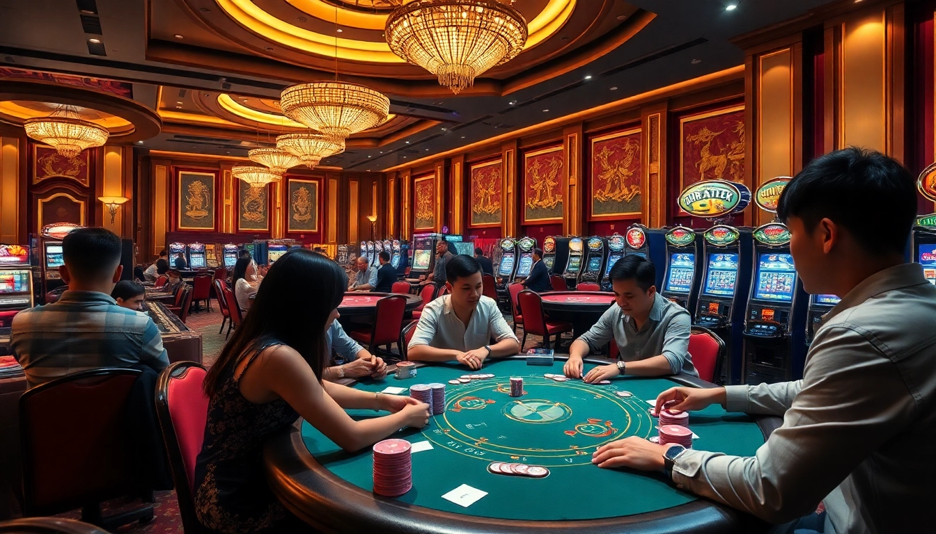 Engaging scene of gamblers at a luxurious casino featuring go8 asia design elements.