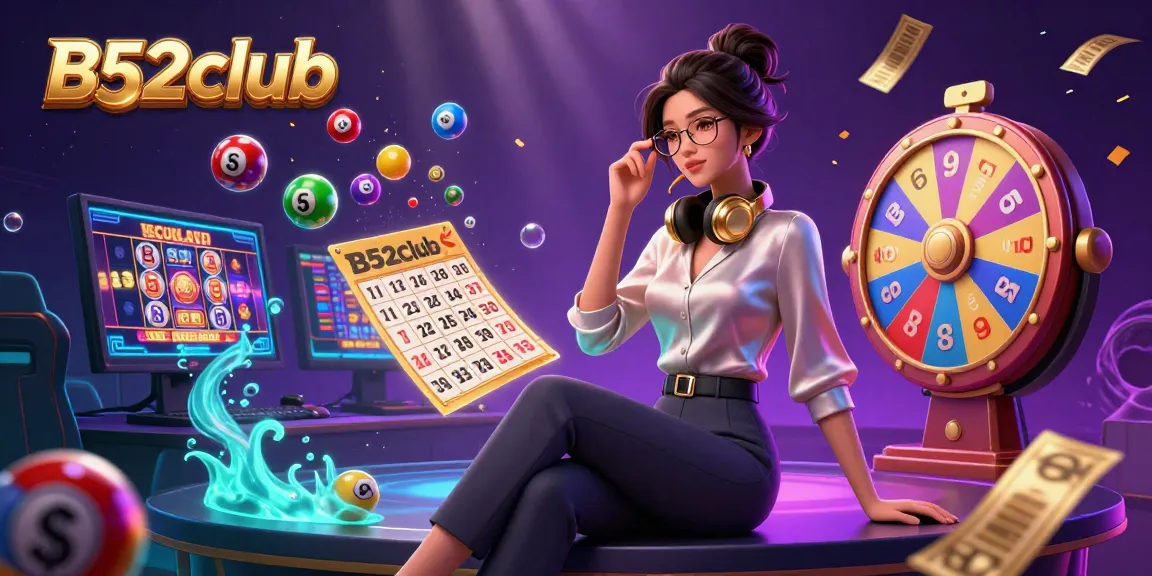 B52club showcases an Asian woman at a high-tech casino setup, engaging with vibrant lottery elements.