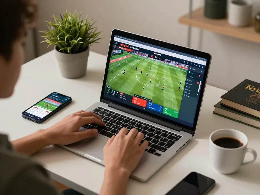Engaging online gambling moment using Nowgoal live football scores on laptop.