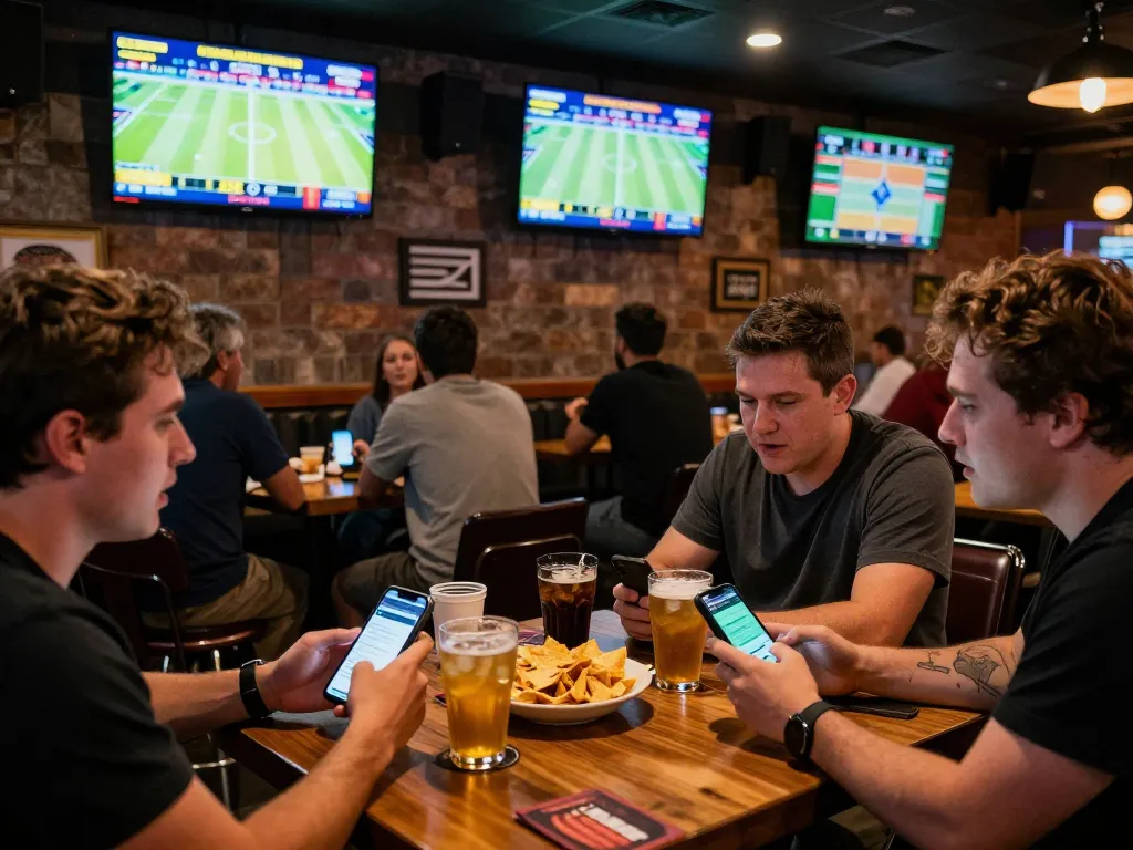 Engaged patrons using sports betting apps while enjoying kèo nhà cái hôm nay in a lively sports bar atmosphere