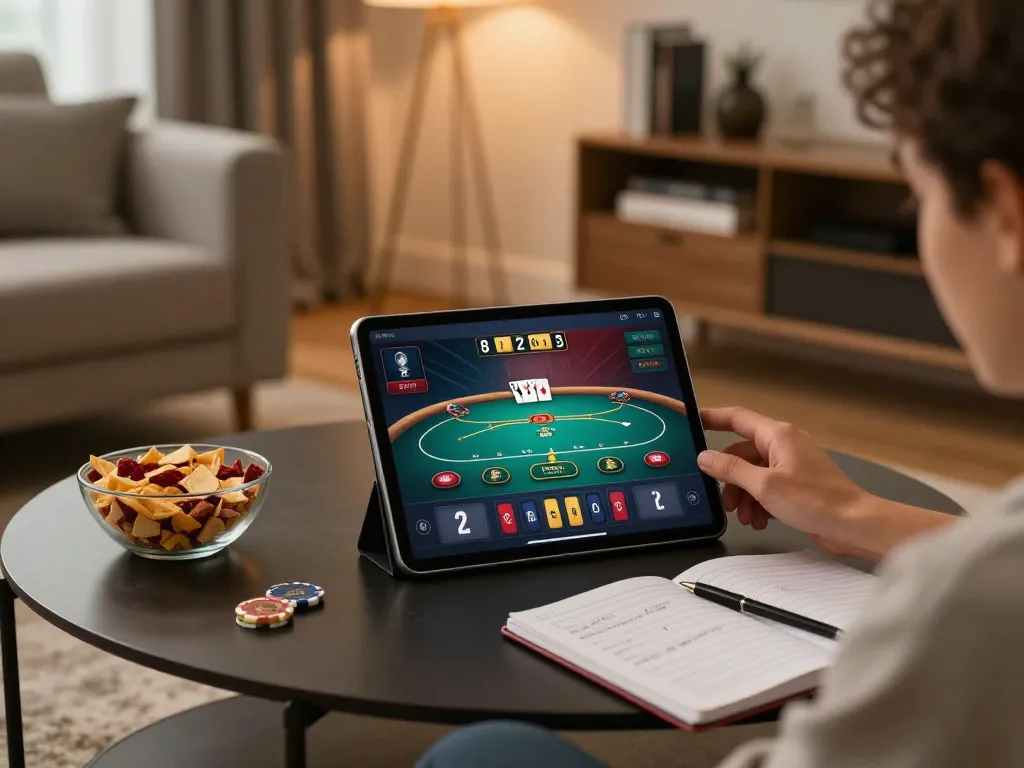 Engaged player using king88 com for online casino games on a tablet with betting notes on the table.