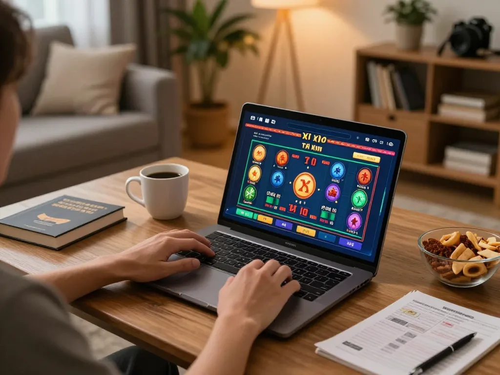 Person engaging with taixiuonlinego app on a laptop at home, showcasing online betting strategy.