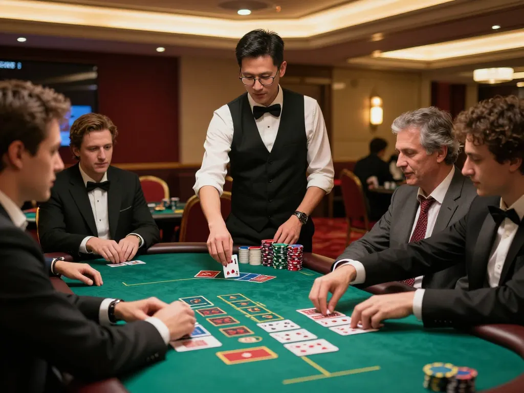 Betting at an upscale blackjack table with thick felt and professional dealer at fed casino.