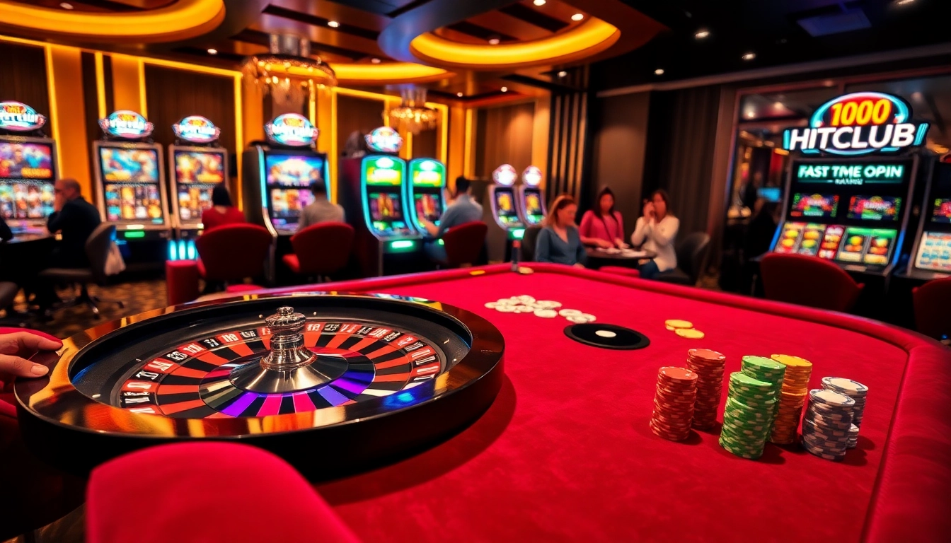 Experience the excitement of HITCLUB at a luxurious casino table with vibrant roulette and poker elements.