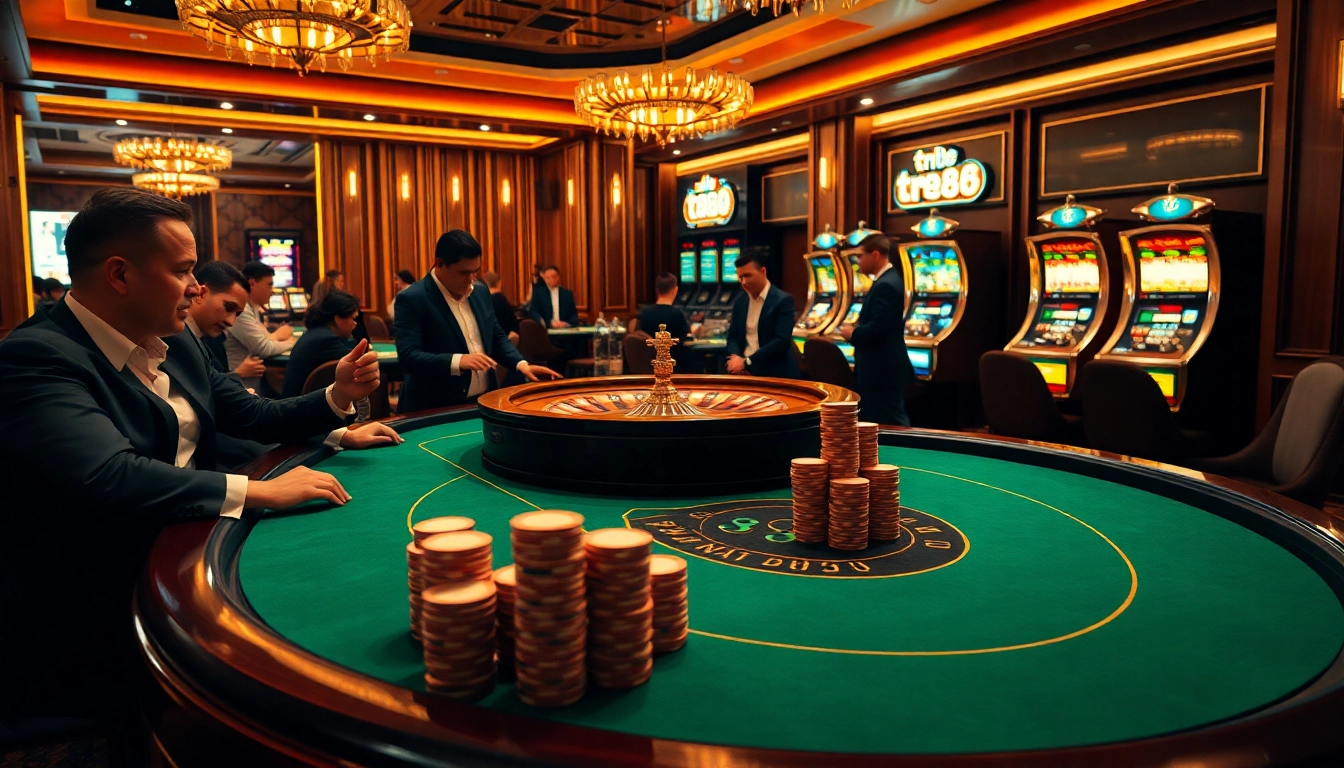 Exciting poker game at a luxurious casino featuring tr88-themed decor and players celebrating winning hands.