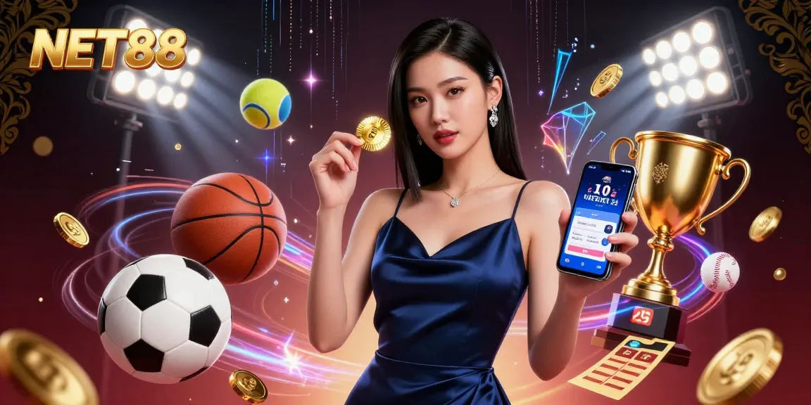 Engage in thrilling sports betting with NET88 through a vibrant 3D illustration capturing action and excitement.