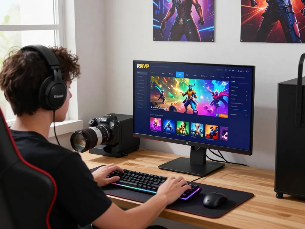 Experience the excitement of rikvip gaming on a sleek desktop setup with vibrant graphics and engaging accessories.