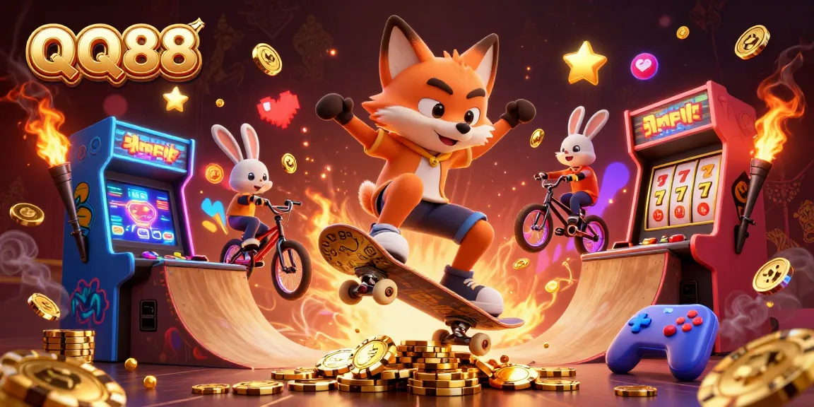Watch QQ88 offer thrilling rewards in this vibrant 3D casino gaming scene featuring cartoon characters and dynamic game elements.