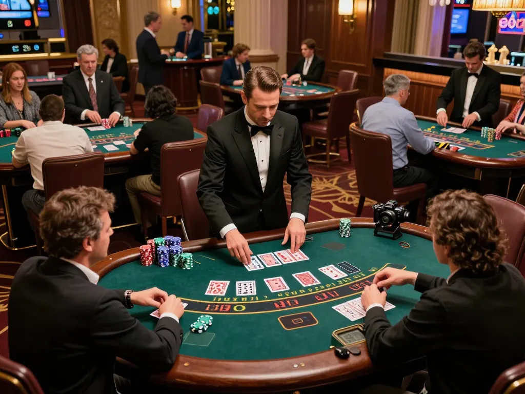 Experience the thrilling atmosphere at RED88 blackjack tables with players and dealers engaged in the game.