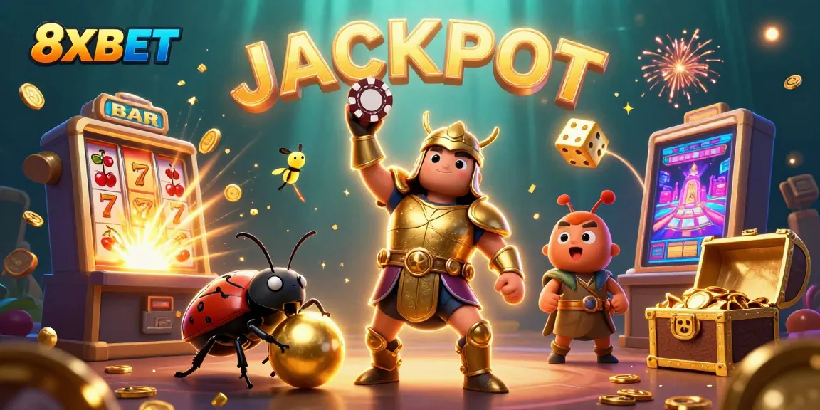 8XBET's vibrant 3D illustration features a beetle lifting a poker chip amidst a jackpot explosion.