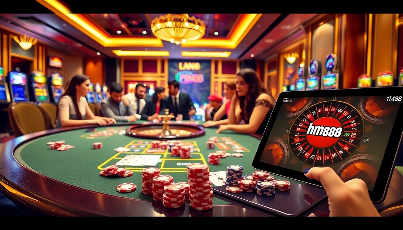 Engaged players exploring the hm88 game at an elegant casino table with vibrant poker chips.