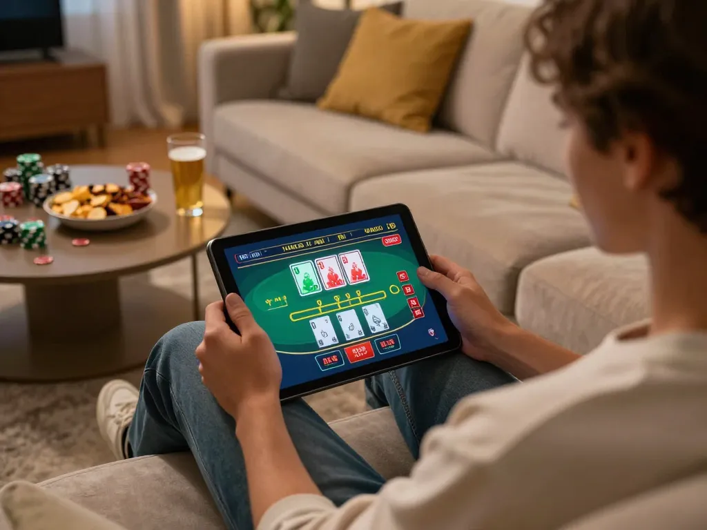 Lu88 player engaging in a live dealer blackjack game on a tablet, showcasing strategic online gambling.