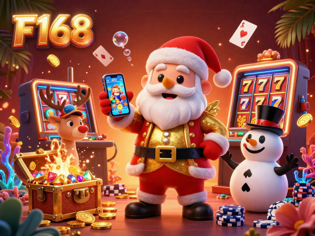 Experience the thrill of F168 with Santa, a reindeer dealer, and a poker chip snowman amidst glamorous slots.