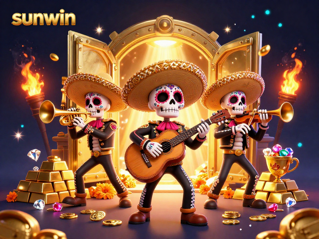 Experience winning thrills with sunwin in this vibrant 3D mariachi casino scene filled with riches.