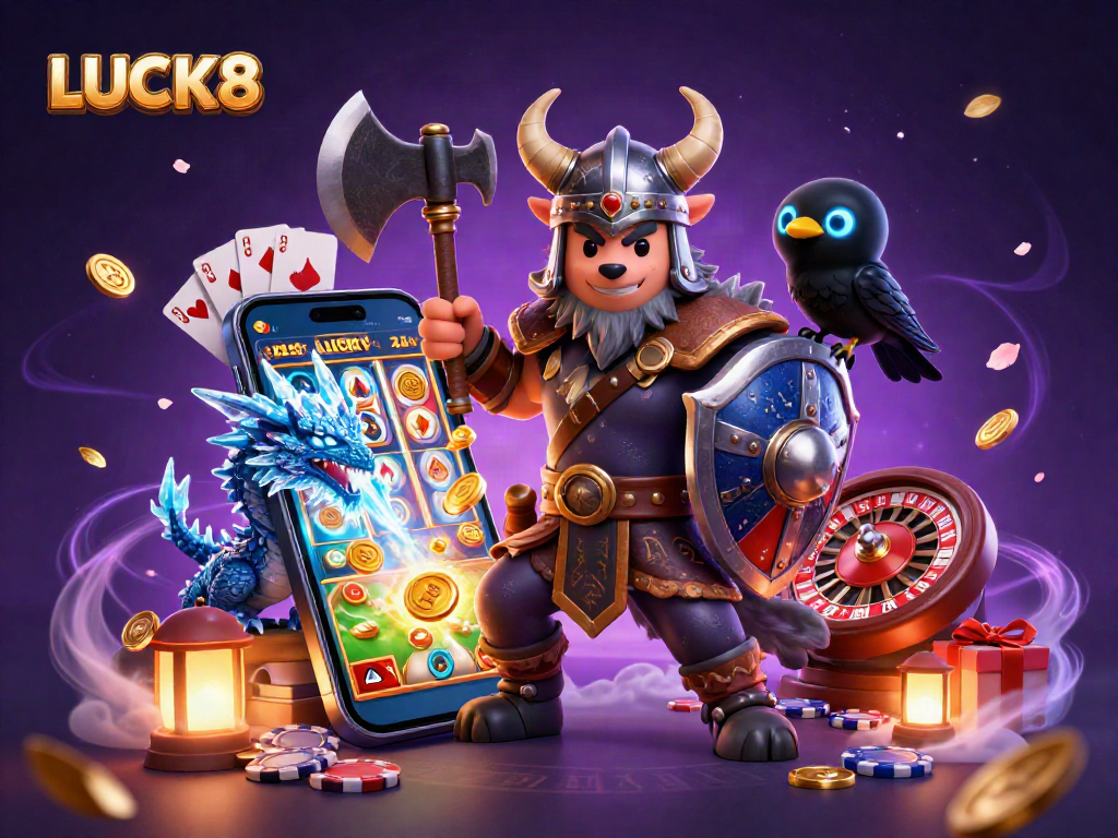 LUCK8 phiên bản tuyệt đẹp với chiến binh sói Viking, rồng và tượng trưng cho các trò chơi casino hào nhoáng.