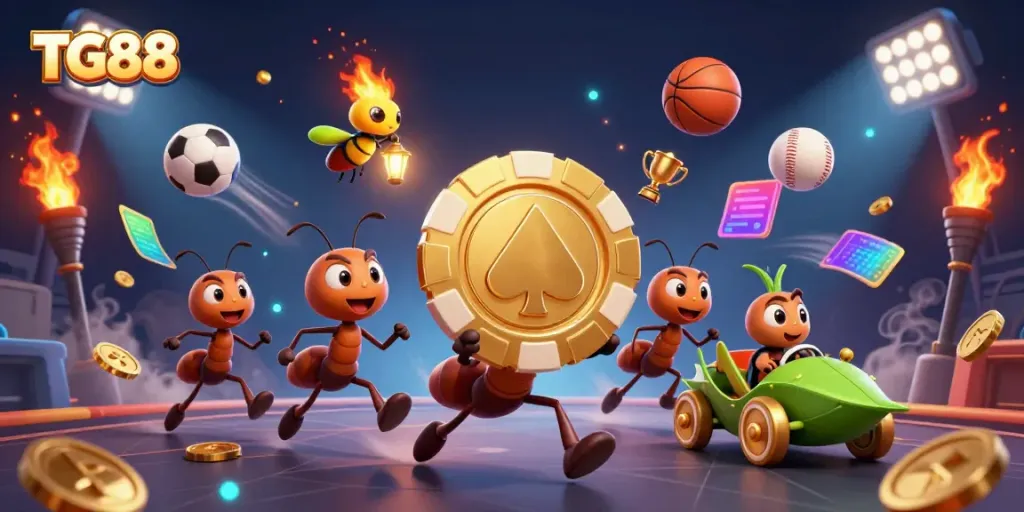 Join the thrilling heist at TG88, where playful ants carry a massive poker chip, surrounded by vibrant sports elements.