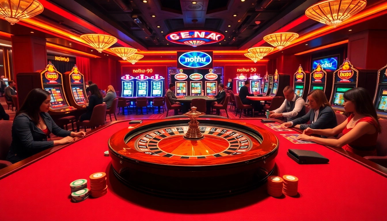 Experience the thrill of nohu 90 as players engage in exciting casino games amid a luxurious setting.