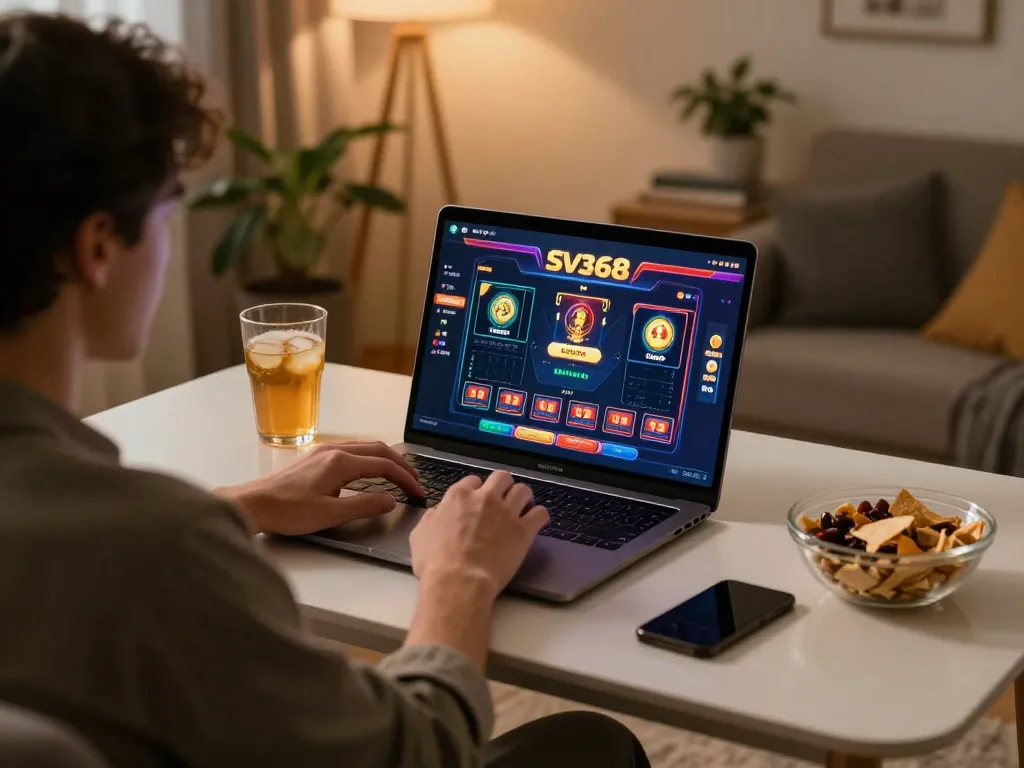 Engaging with Sv368's online casino from a cozy home setting, combining fun and strategy.
