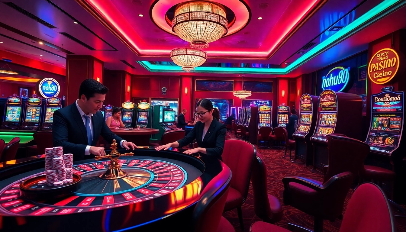 Nohu90 đăng nhập interface showcasing an exciting online casino gaming experience with poker chips and slot machines.