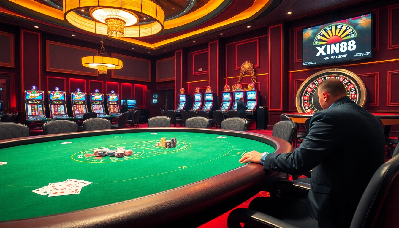 A vibrant casino environment showcasing XIN88 with poker tables, slot machines, and roulette wheel.