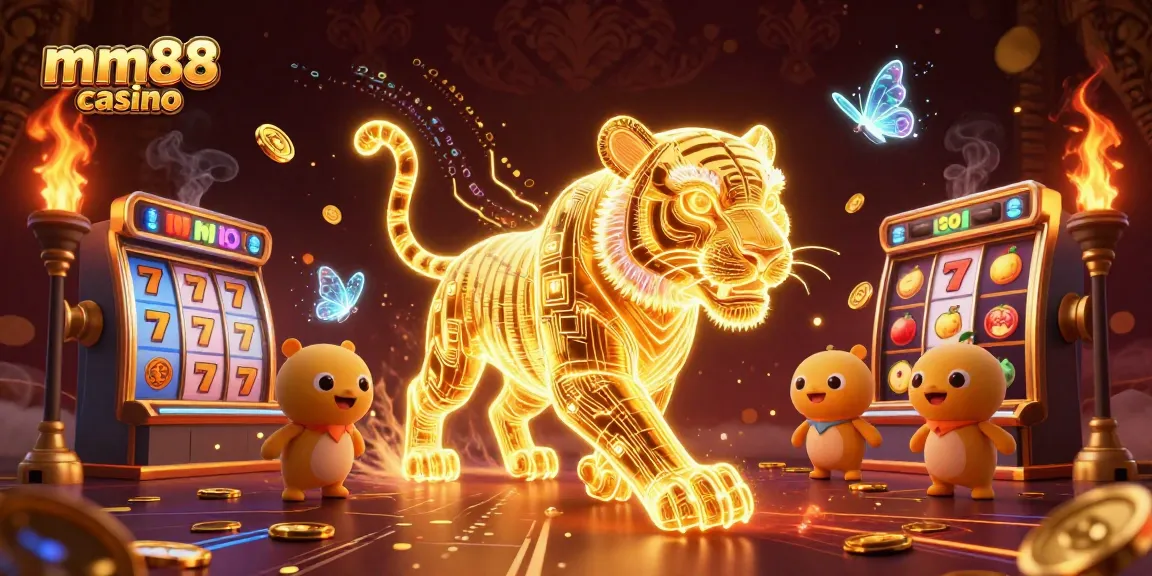 Win big at mm88 casino with a golden tiger and vibrant slot reels in a dynamic gaming scene.