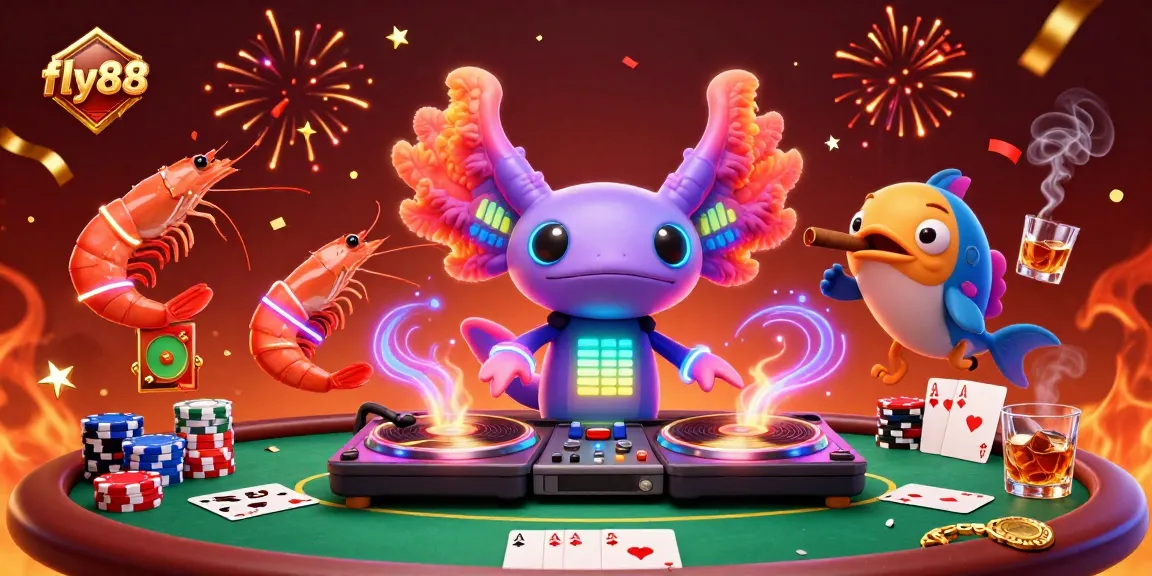 Experience the excitement of fly88 as the neon-colored axolotl DJ spins records at an underwater casino.