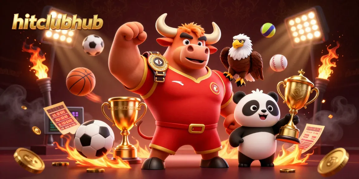 Experience excitement at hitclubhub with a victorious bull, eagle, and panda in a dynamic gambling scene.