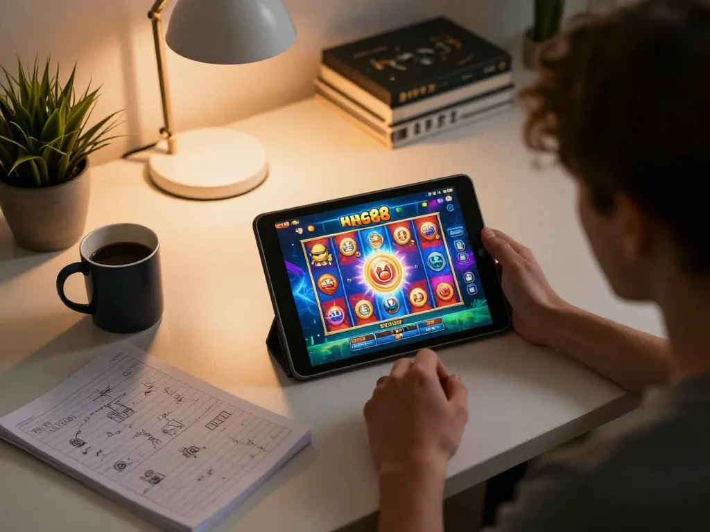 Engaging gameplay on slot88 showcased through a player’s focused tablet screen in a cozy home setting