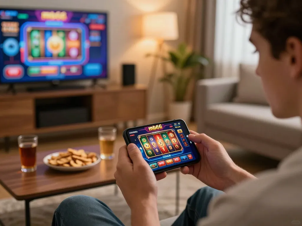 Player enjoying mb66 casino gameplay on smartphone in cozy living room.